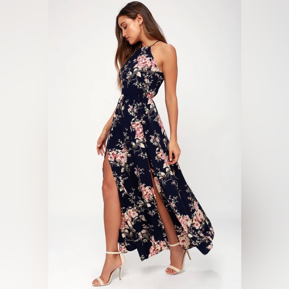 Lulus Feel The Music Midnight Blue Floral Print Maxi Dress
